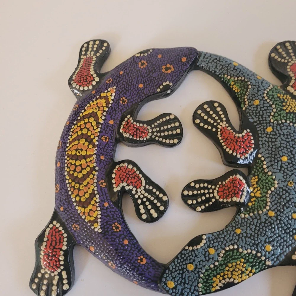 Hand Painted Carved Gecko Wall Art Decor Tribal